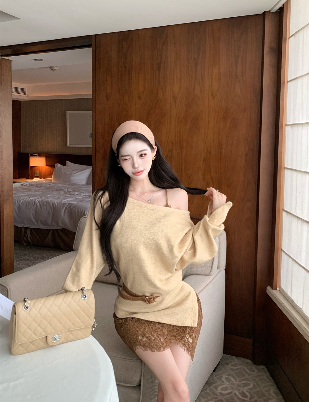 Spicegirl enticement strap dress bottoming sweater 2pcs set