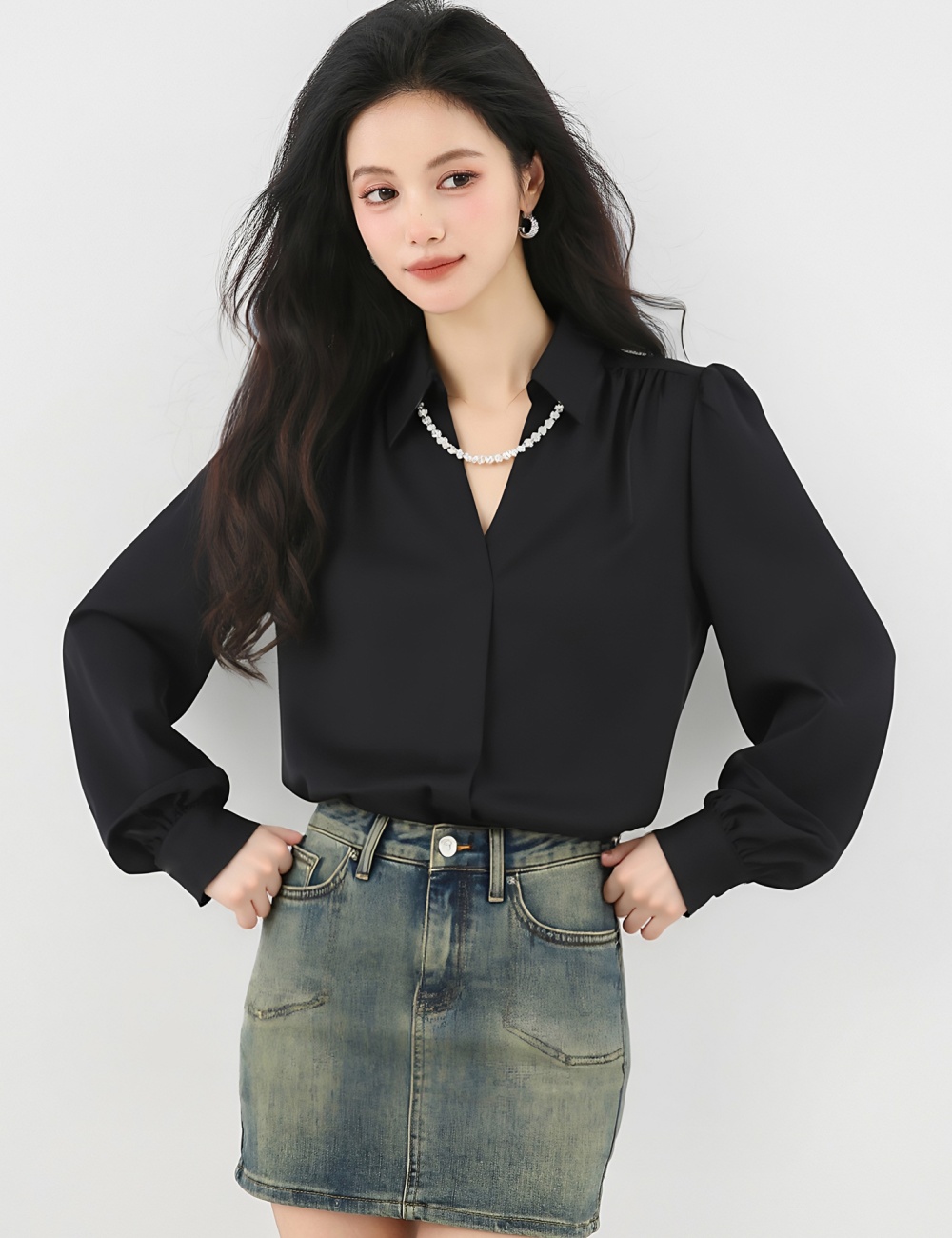 V-neck satin autumn shirt temperament commuting tops