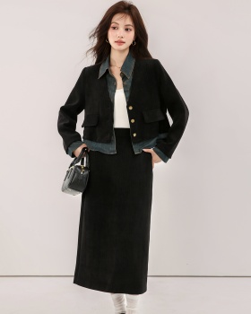 Corduroy splice skirt autumn and winter tops 2pcs set