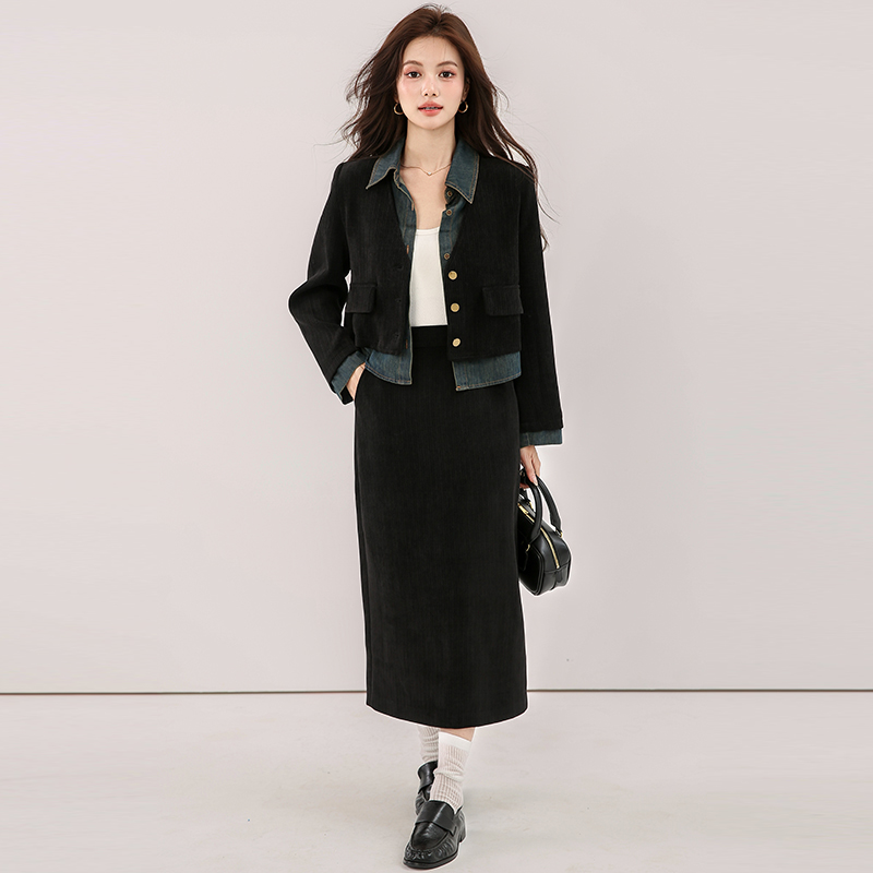 Corduroy splice skirt autumn and winter tops 2pcs set