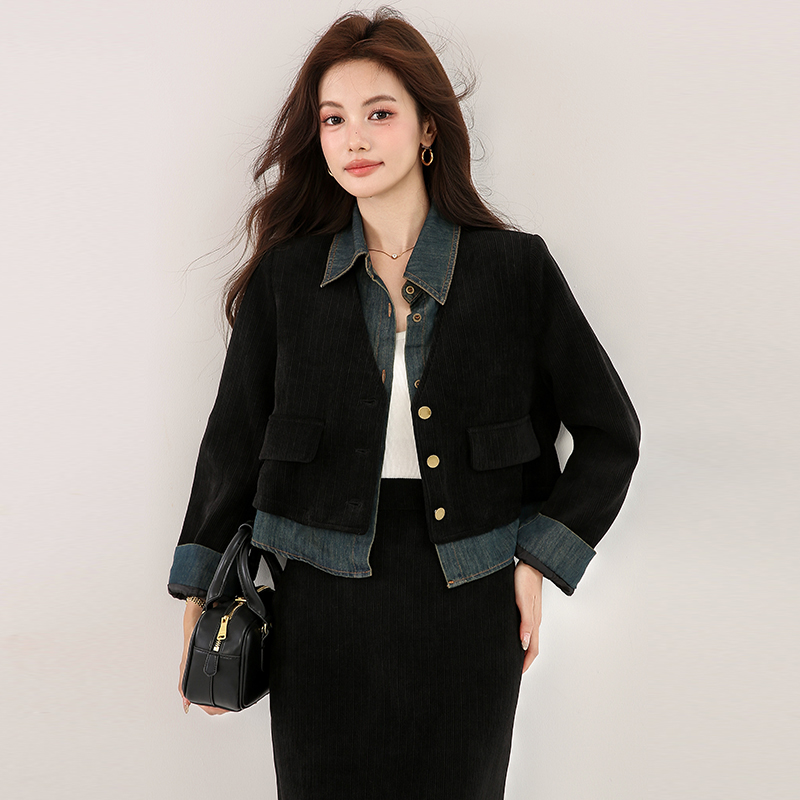 Corduroy splice skirt autumn and winter tops 2pcs set