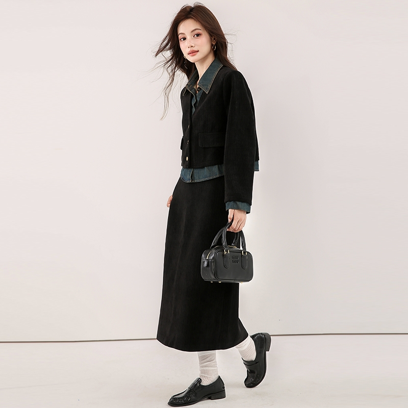 Corduroy splice skirt autumn and winter tops 2pcs set