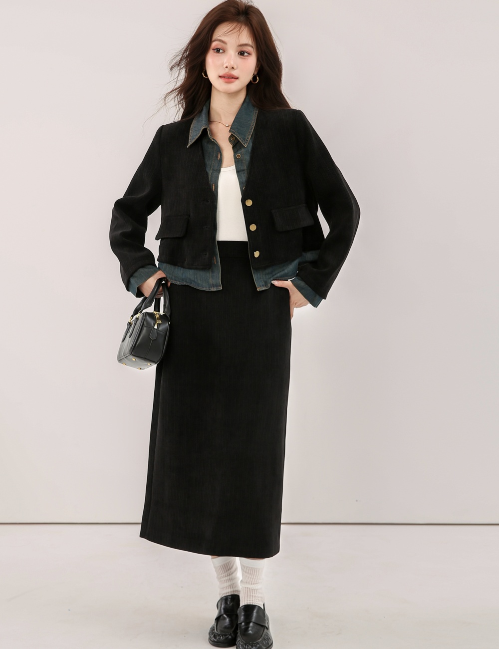 Corduroy splice skirt autumn and winter tops 2pcs set