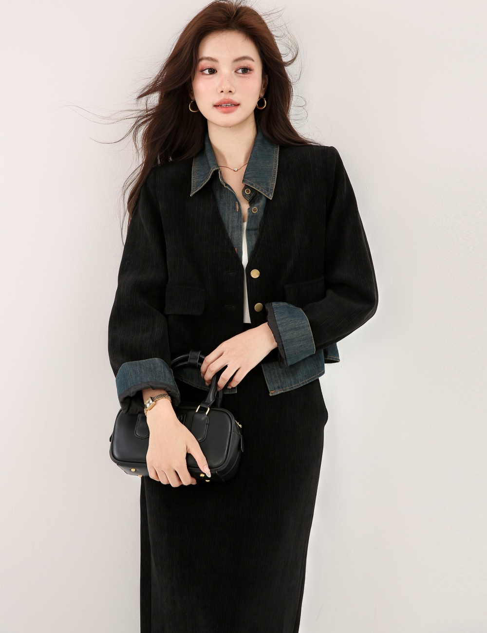 Corduroy splice skirt autumn and winter tops 2pcs set