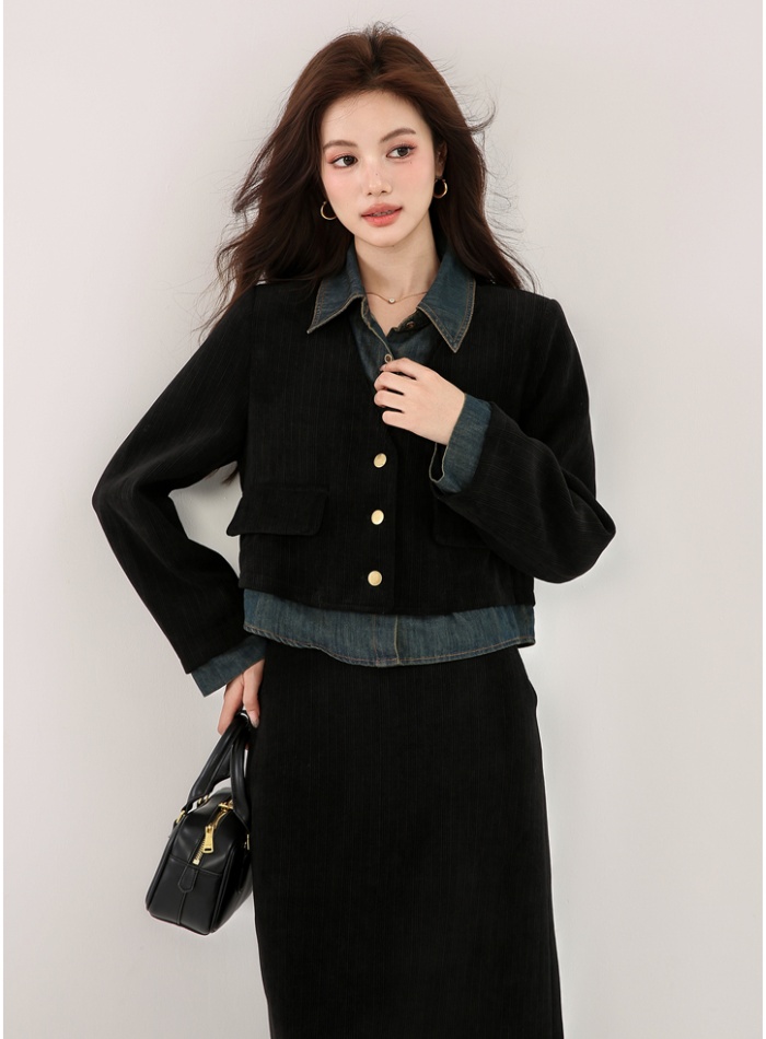 Corduroy splice skirt autumn and winter tops 2pcs set