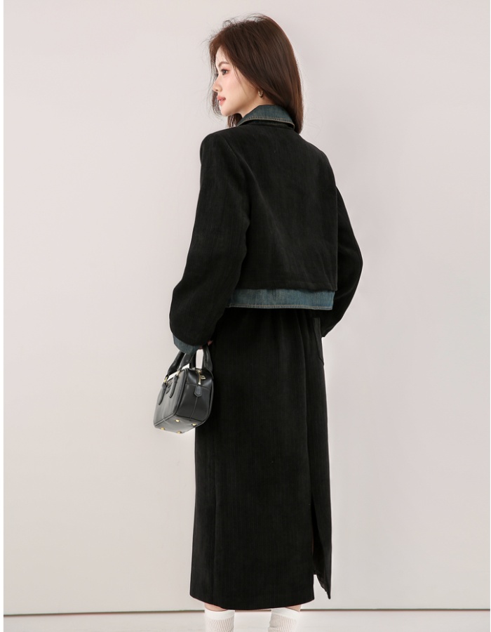 Corduroy splice skirt autumn and winter tops 2pcs set
