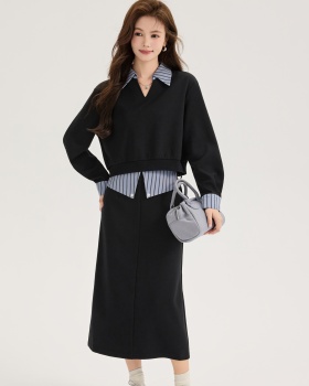 Fashion autumn tops splice long skirt 2pcs set for women
