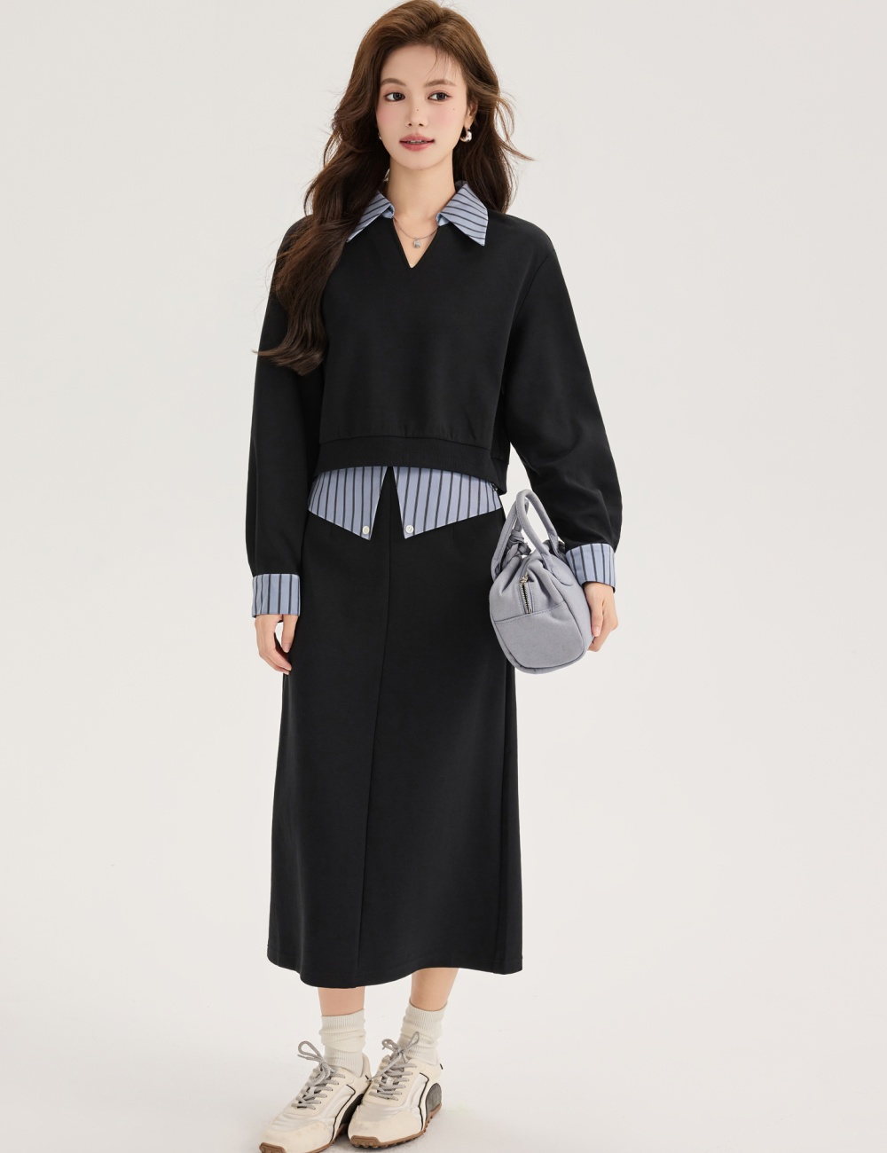Fashion autumn tops splice long skirt 2pcs set for women