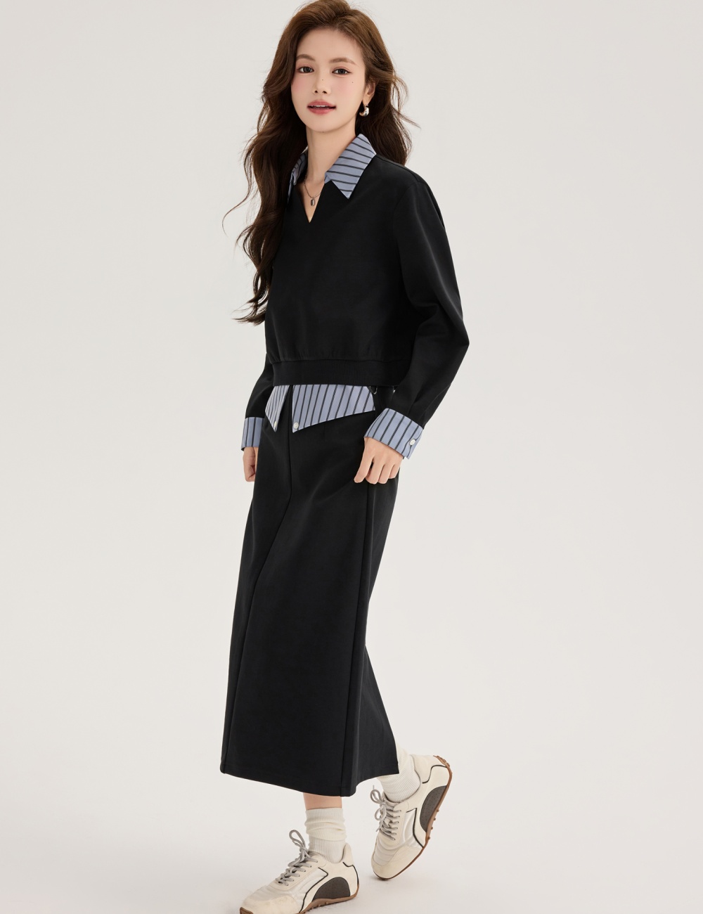 Fashion autumn tops splice long skirt 2pcs set for women