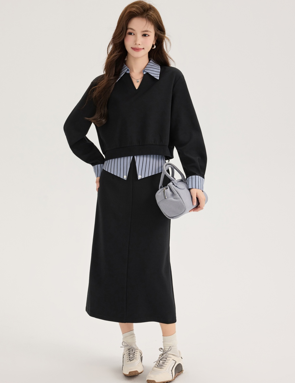 Fashion autumn tops splice long skirt 2pcs set for women