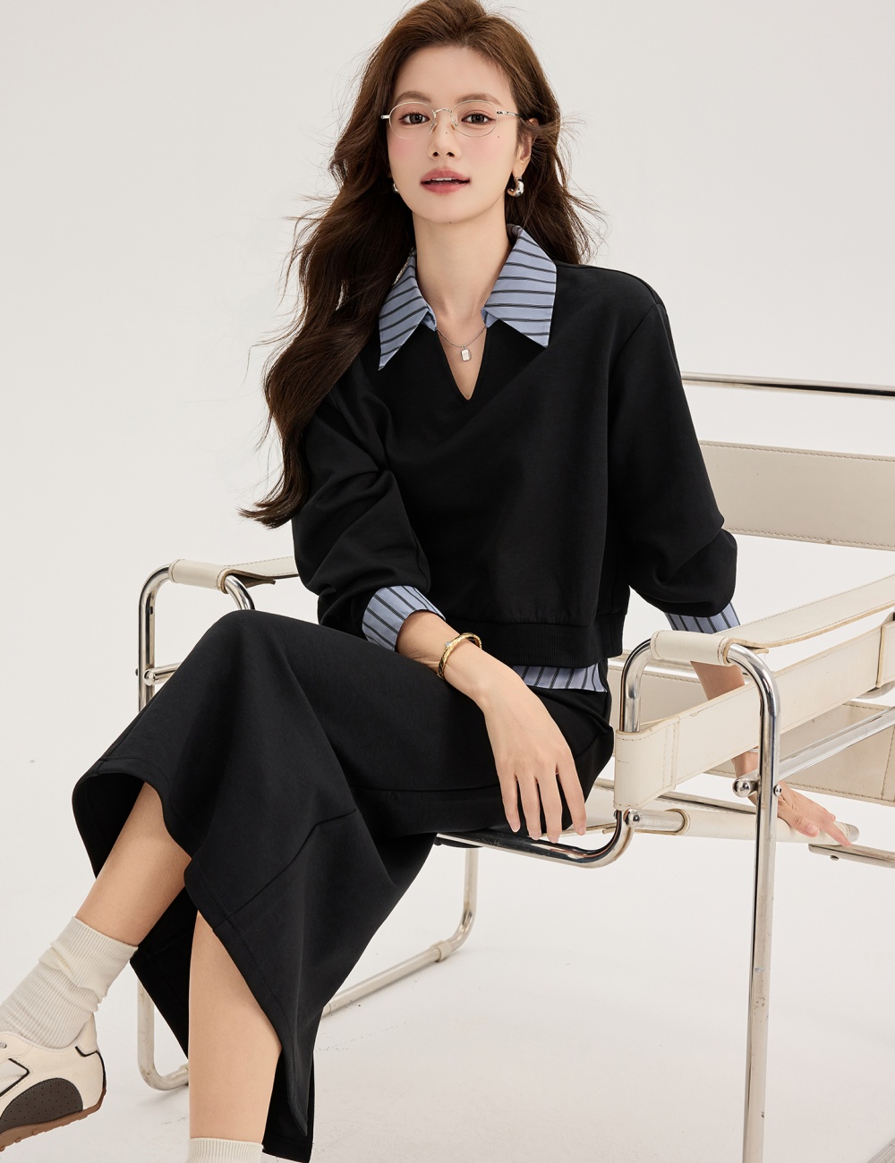 Fashion autumn tops splice long skirt 2pcs set for women