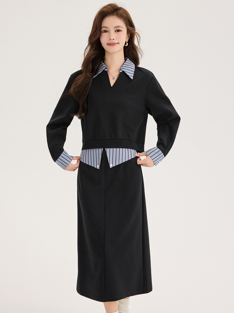 Fashion autumn tops splice long skirt 2pcs set for women