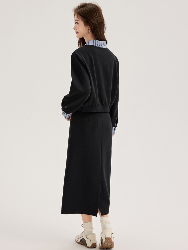 Fashion autumn tops splice long skirt 2pcs set for women
