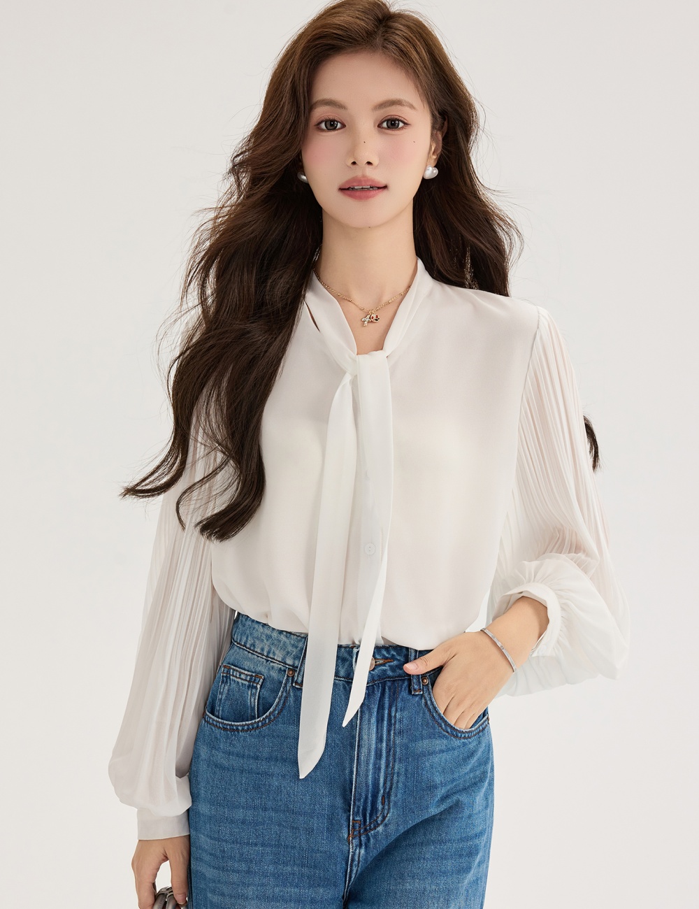 Organ white tops streamer chiffon shirt for women