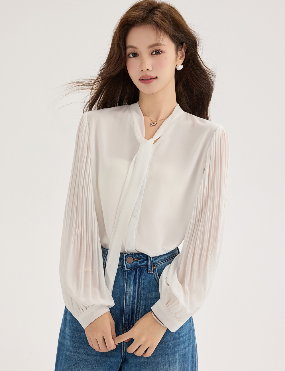 Organ white tops streamer chiffon shirt for women