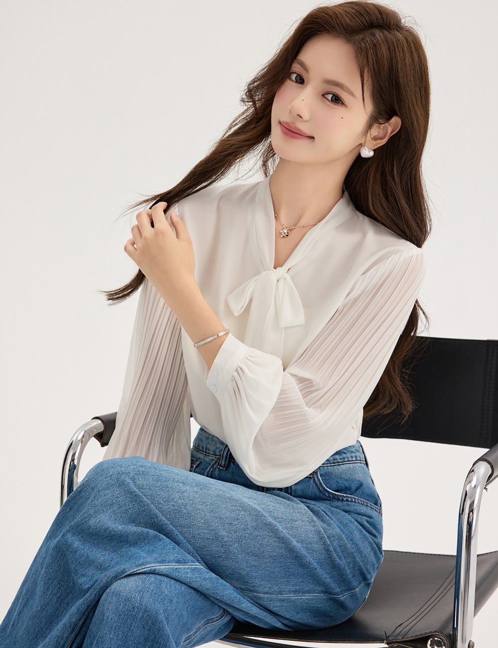 Organ white tops streamer chiffon shirt for women