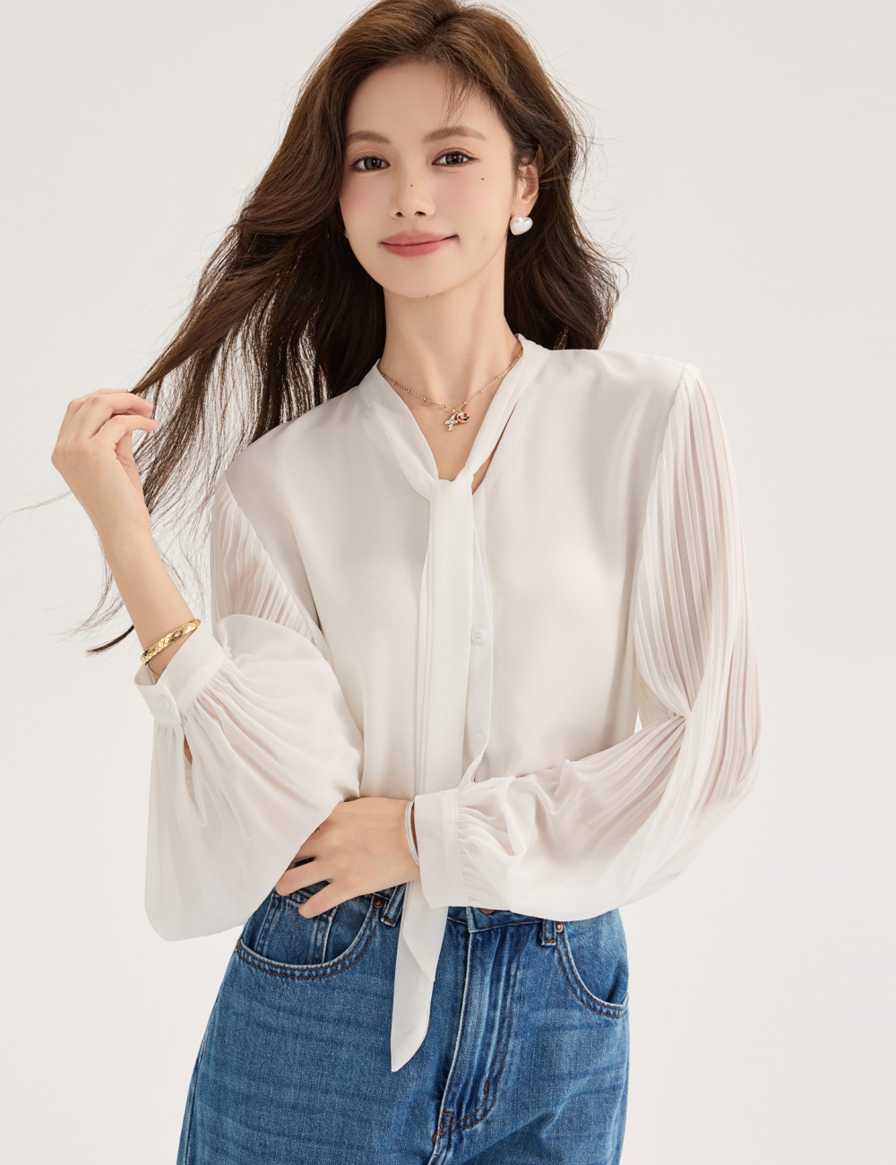 Organ white tops streamer chiffon shirt for women