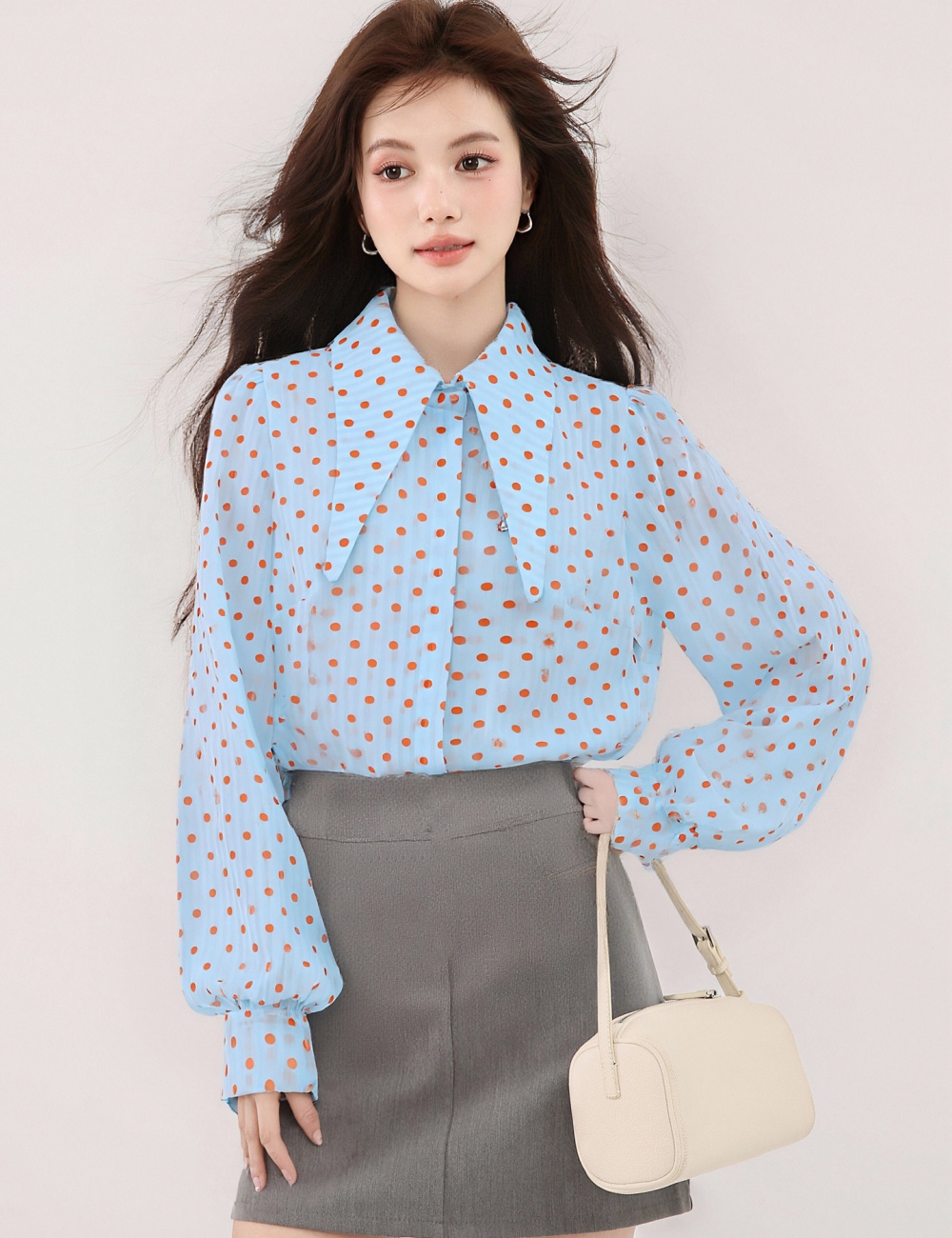 Pointed collar long sleeve shirt polka dot tops