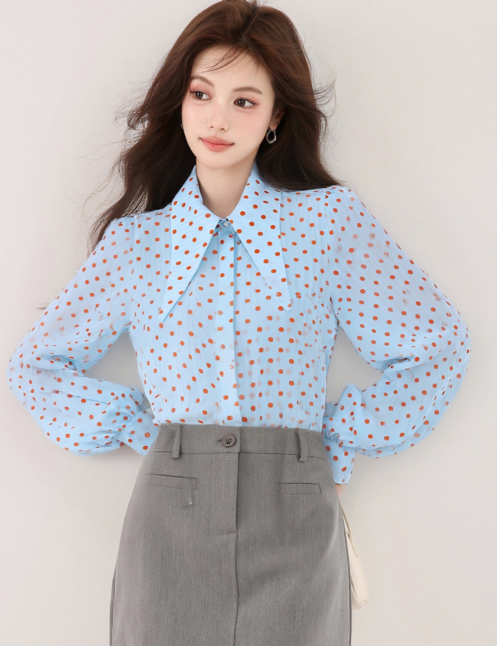 Pointed collar long sleeve shirt polka dot tops