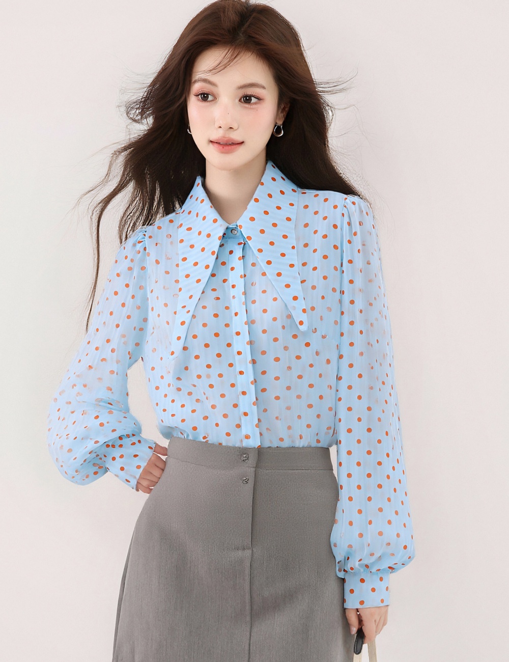 Pointed collar long sleeve shirt polka dot tops