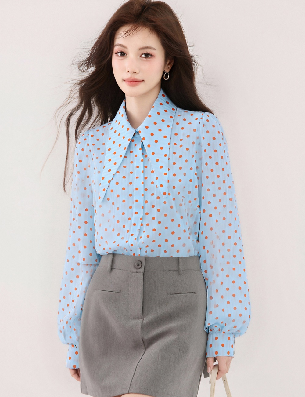 Pointed collar long sleeve shirt polka dot tops