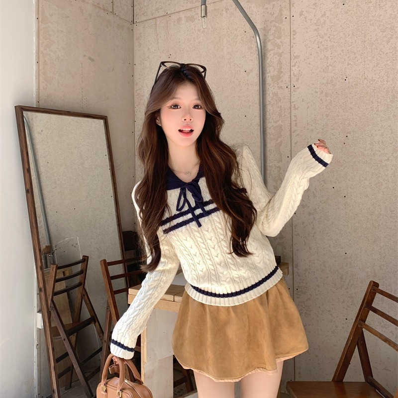 Casual bow sweater college style autumn tops for women