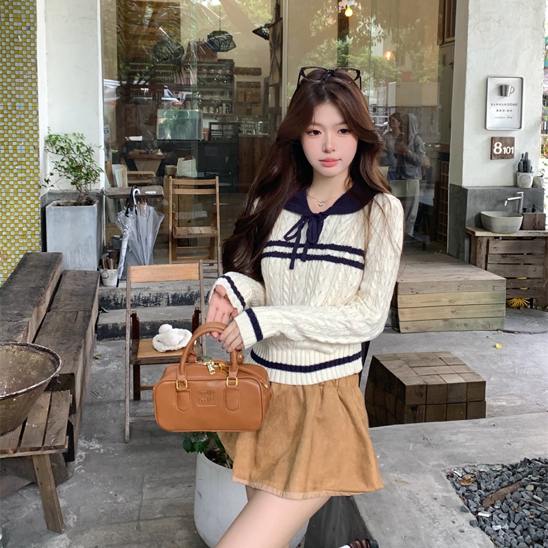 Casual bow sweater college style autumn tops for women