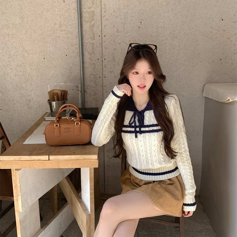Casual bow sweater college style autumn tops for women