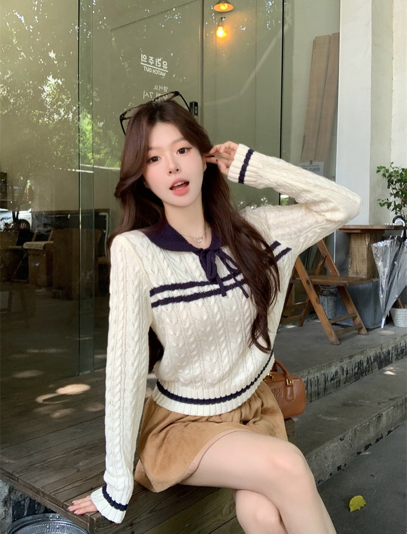 Casual bow sweater college style autumn tops for women