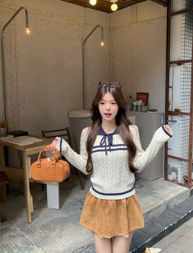 Casual bow sweater college style autumn tops for women