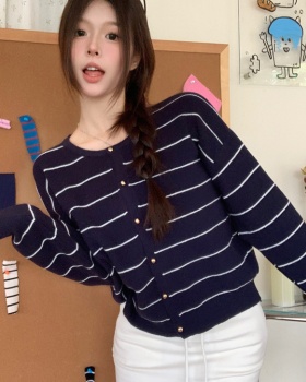 All-match stripe cardigan lazy retro sweater for women