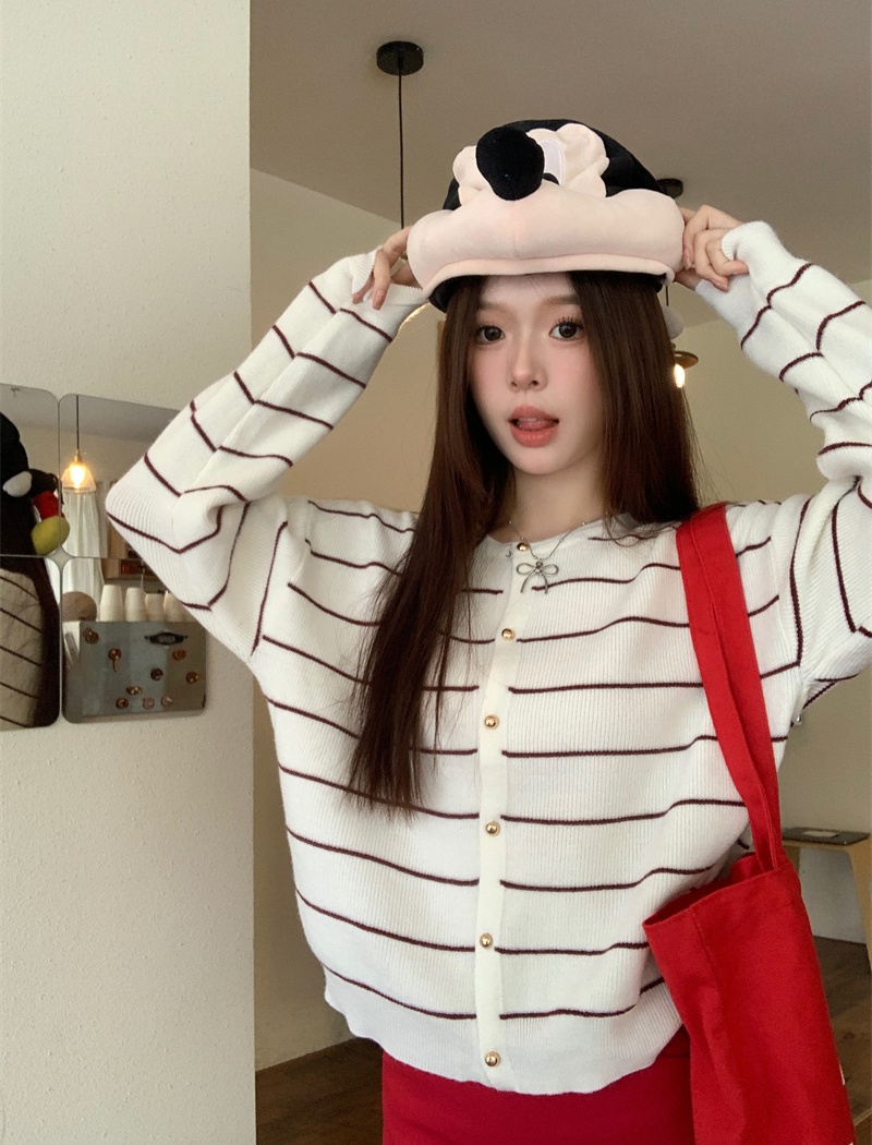 All-match stripe cardigan lazy retro sweater for women