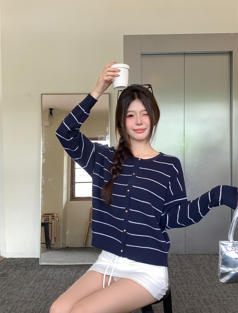 All-match stripe cardigan lazy retro sweater for women