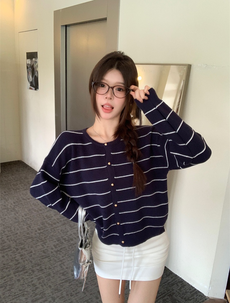 All-match stripe cardigan lazy retro sweater for women