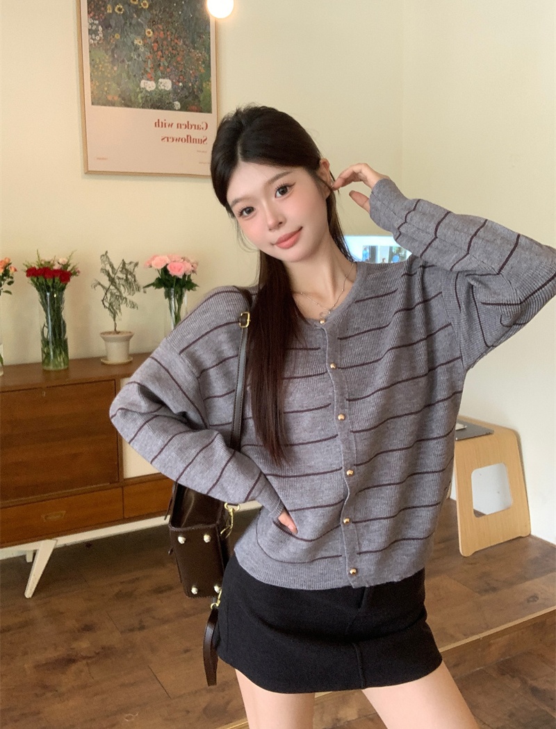 All-match stripe cardigan lazy retro sweater for women