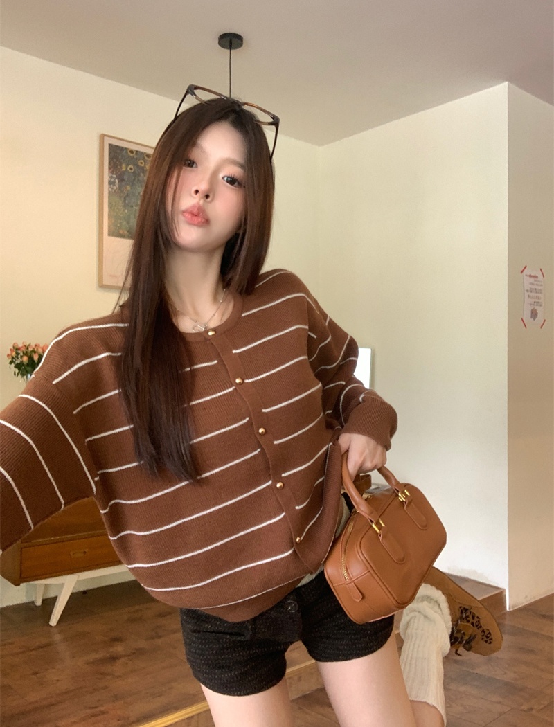 All-match stripe cardigan lazy retro sweater for women