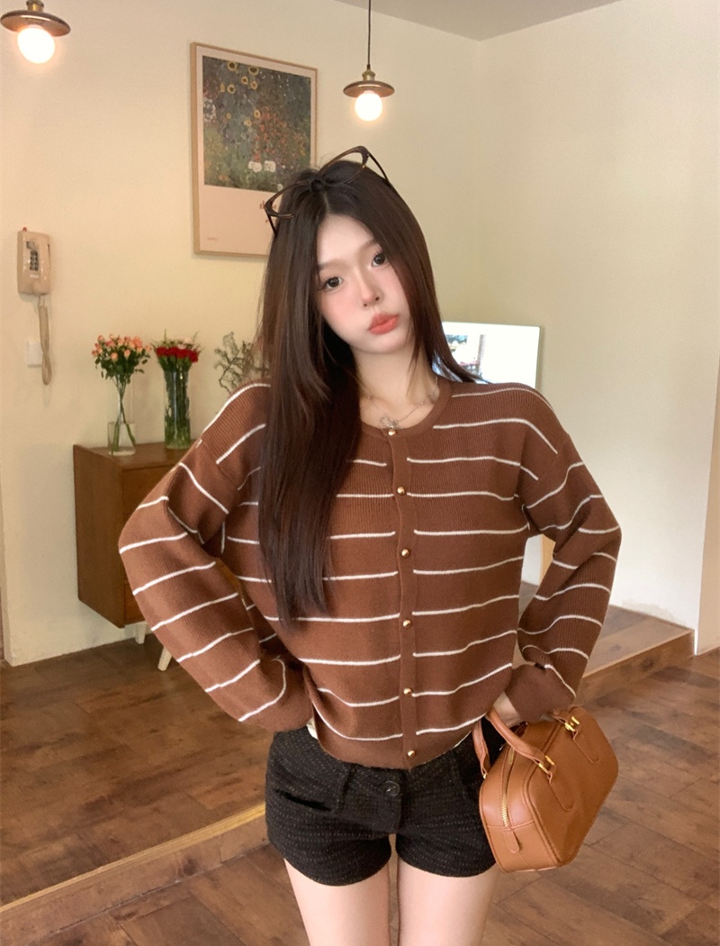 All-match stripe cardigan lazy retro sweater for women