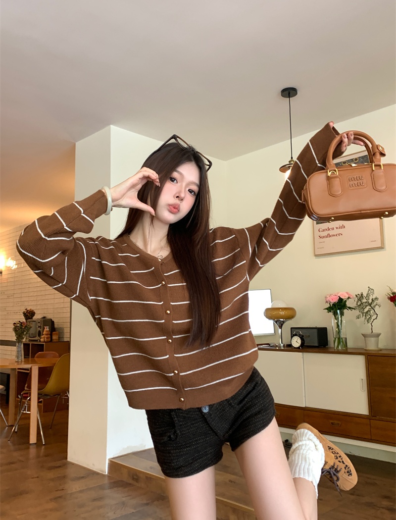 All-match stripe cardigan lazy retro sweater for women