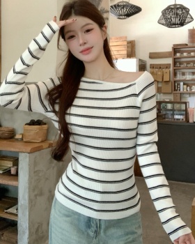 Stripe autumn tops long sleeve mixed colors sweater for women