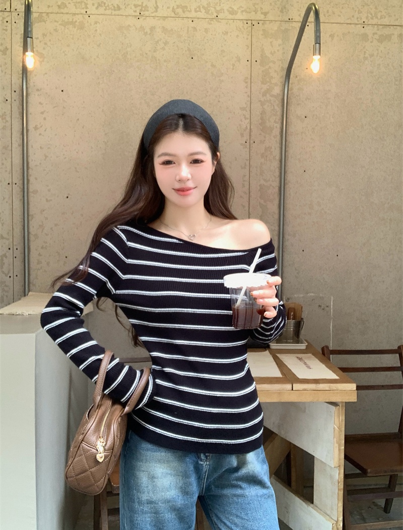 Stripe autumn tops long sleeve mixed colors sweater for women