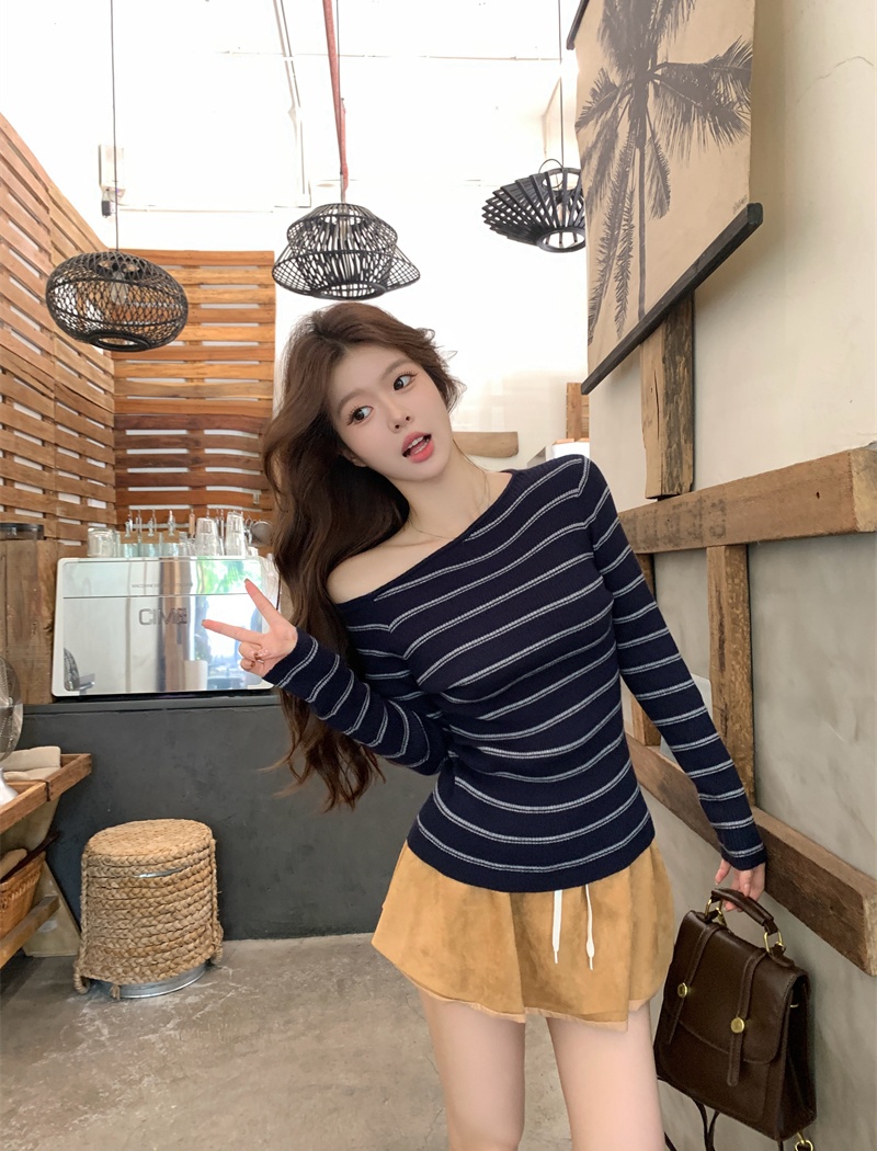 Stripe autumn tops long sleeve mixed colors sweater for women