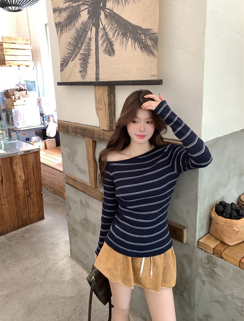 Stripe autumn tops long sleeve mixed colors sweater for women