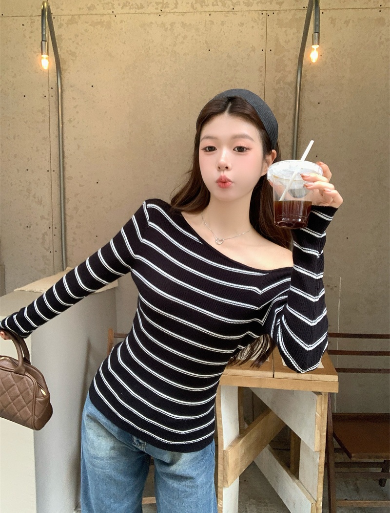 Stripe autumn tops long sleeve mixed colors sweater for women