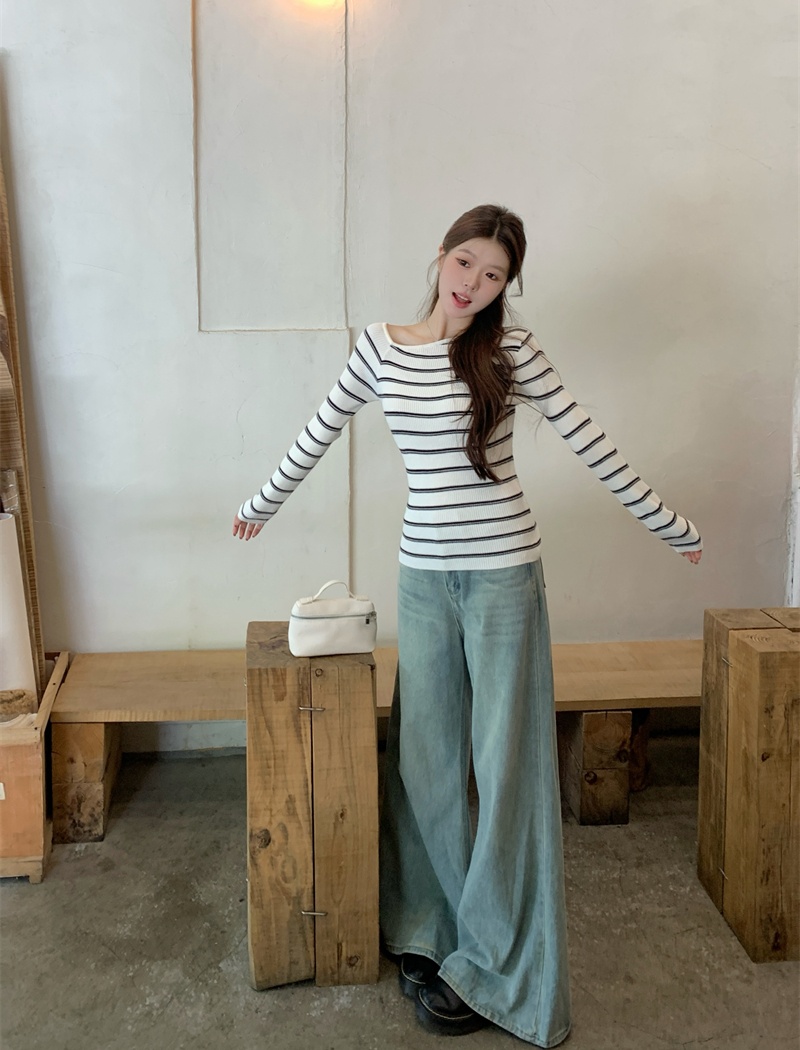 Stripe autumn tops long sleeve mixed colors sweater for women