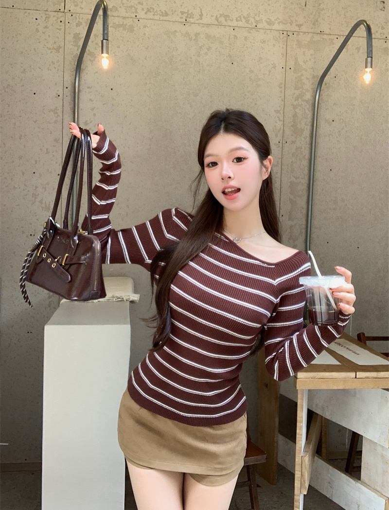 Stripe autumn tops long sleeve mixed colors sweater for women
