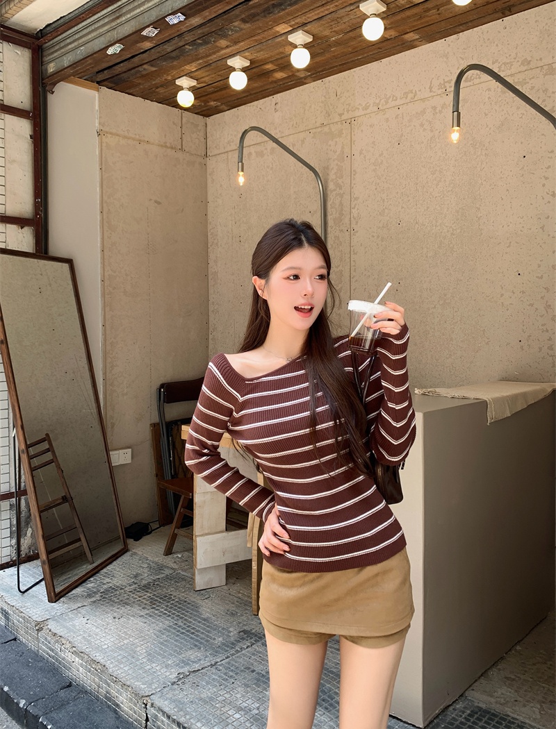 Stripe autumn tops long sleeve mixed colors sweater for women