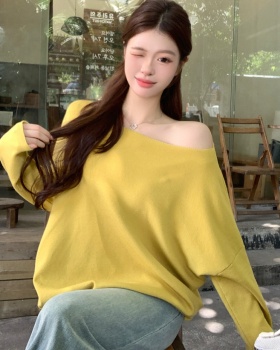 Lazy knitted loose tops slim sloping shoulder T-shirt