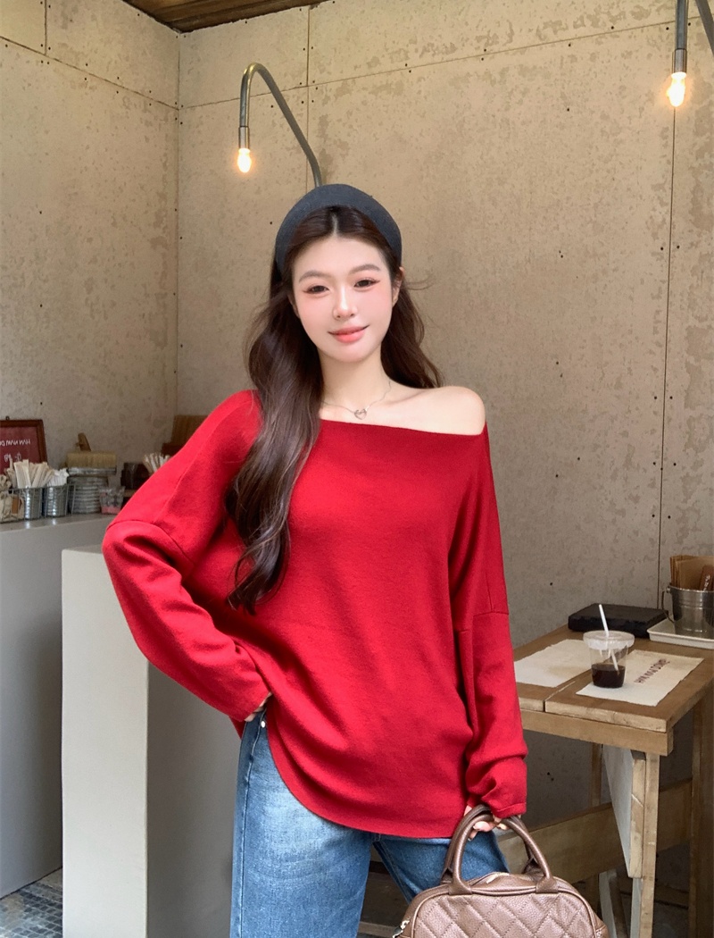 Lazy knitted loose tops slim sloping shoulder T-shirt