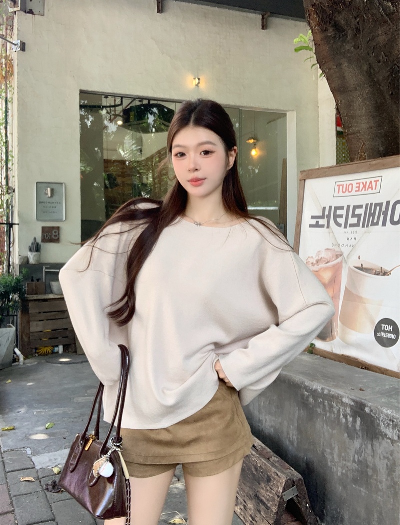 Lazy knitted loose tops slim sloping shoulder T-shirt