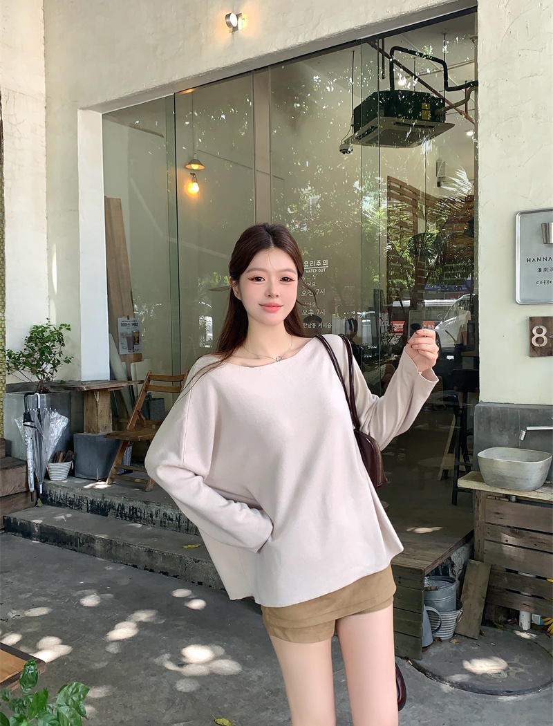 Lazy knitted loose tops slim sloping shoulder T-shirt